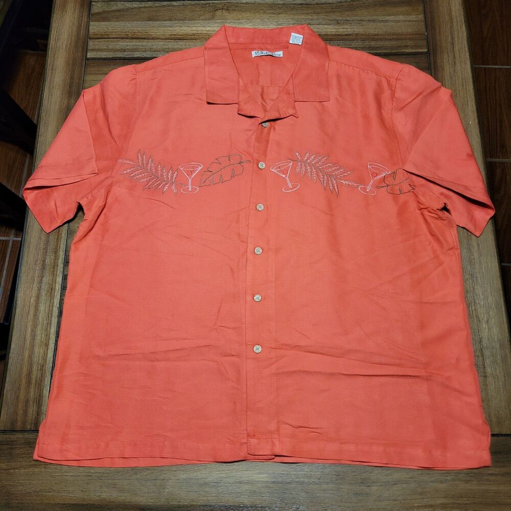 Batik Bay SS Full Button Orange Shirt Embroidered Leaves & Martini Glasses - XXL